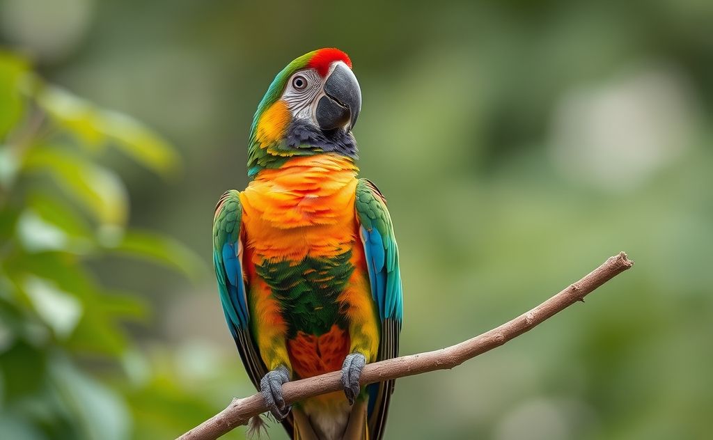 A colorful parrot perched on a branch, mimicking sounds in nature.