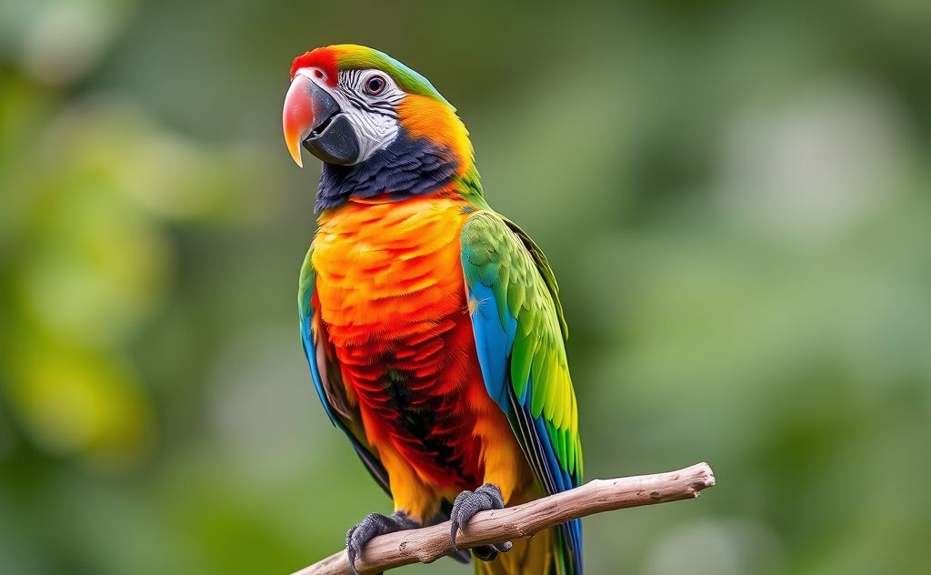 A colorful parrot perched on a branch, showcasing its vibrant feathers.