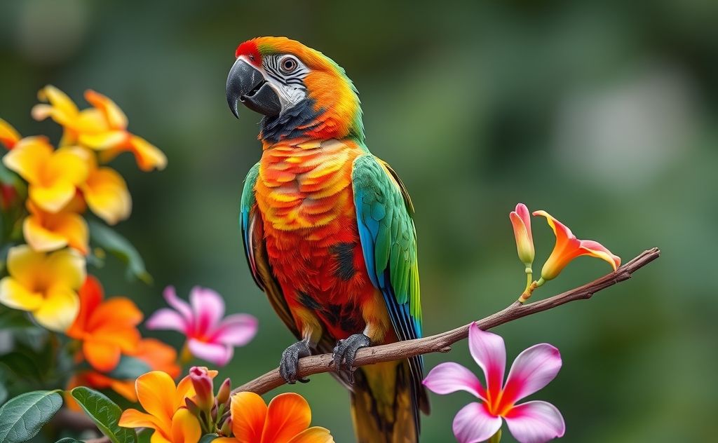 A colorful parrot perched on a branch, surrounded by vibrant flowers.