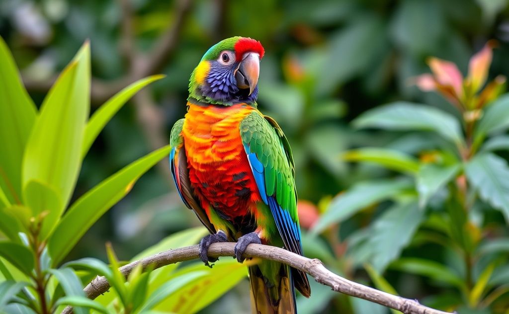 A colorful parrot perched on a branch, surrounded by vibrant foliage.