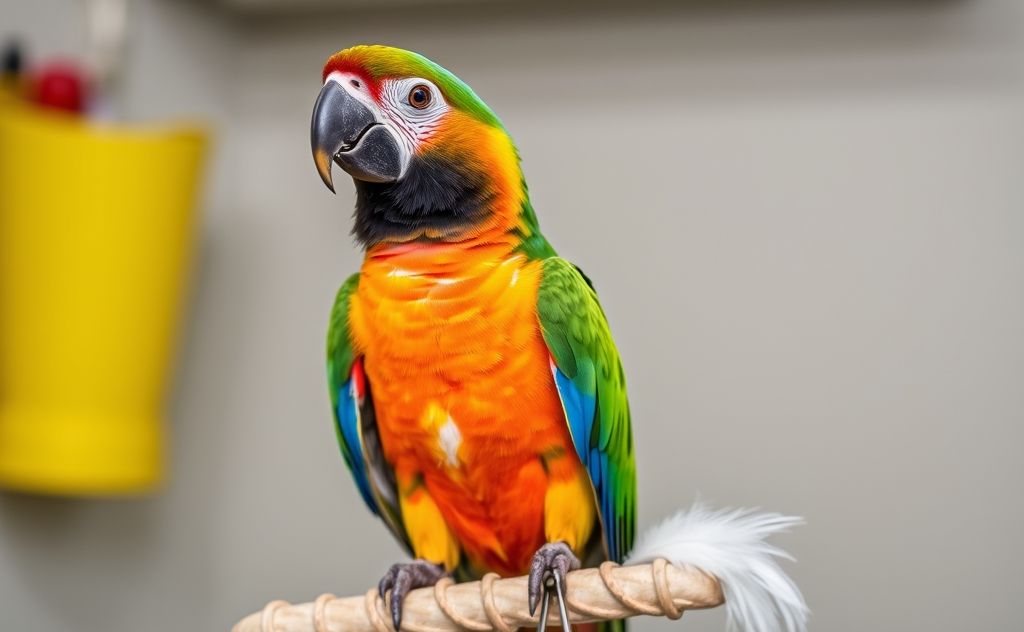 A colorful parrot perched on a grooming stand with nail clippers and feathers.
