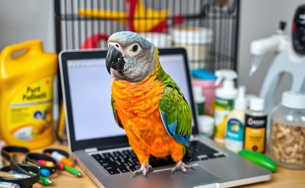 A colorful parrot perched on a laptop surrounded by bird care supplies.