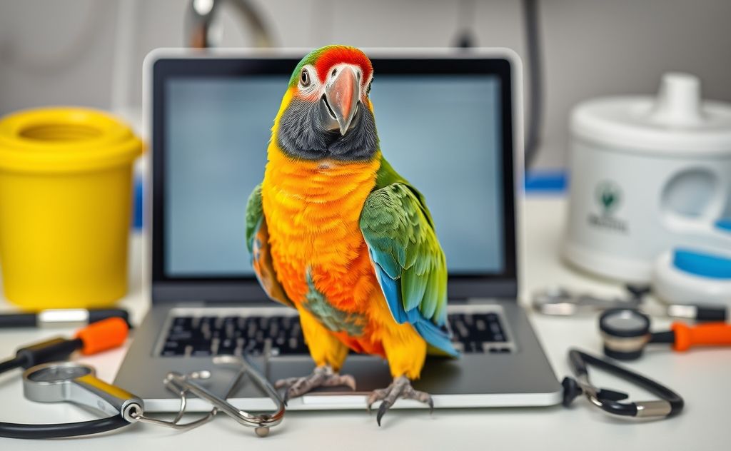 A colorful parrot perched on a laptop surrounded by veterinary tools.