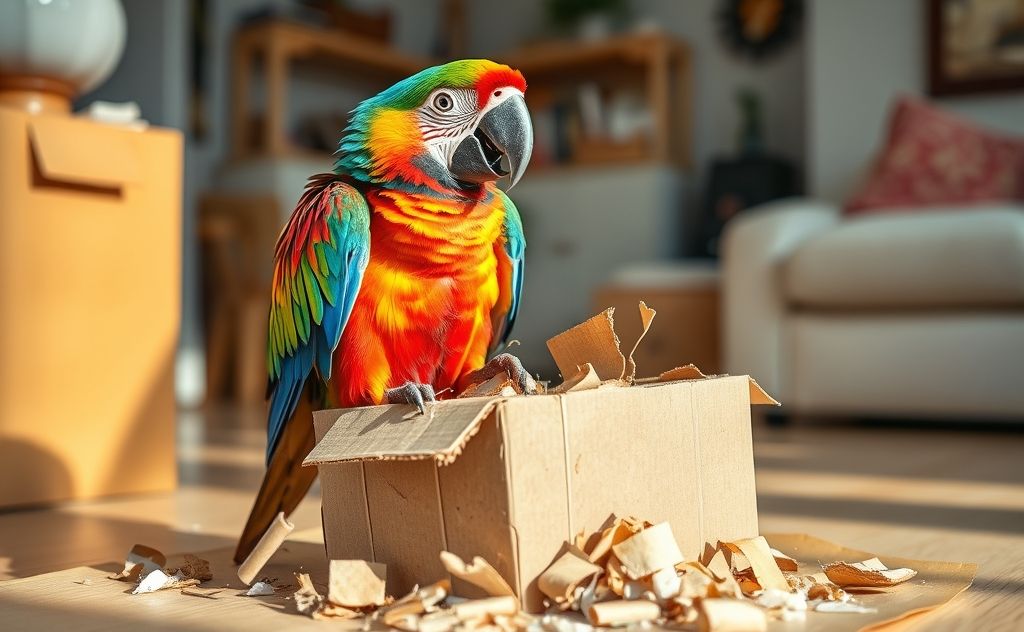 A colorful parrot playfully shredding a cardboard box.