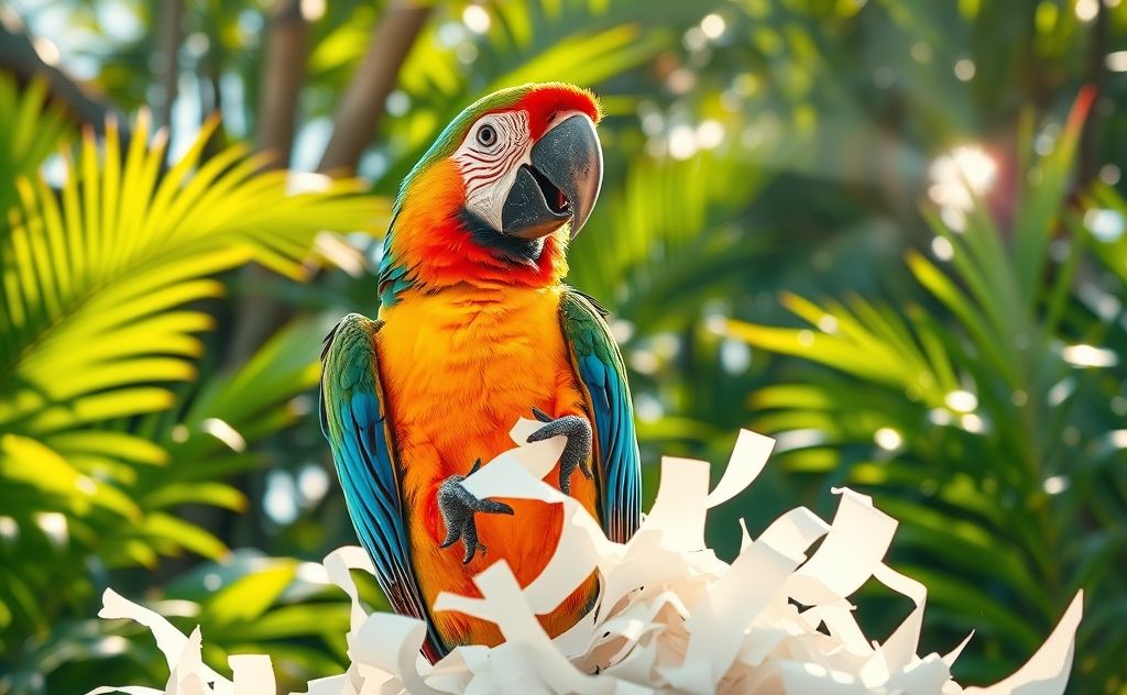 A colorful parrot playfully shredding paper in a vibrant environment
