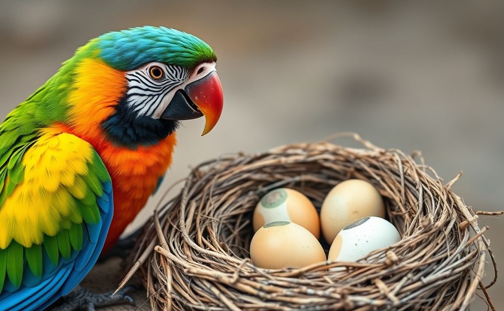 A colorful parrot sitting beside a nest with eggs.