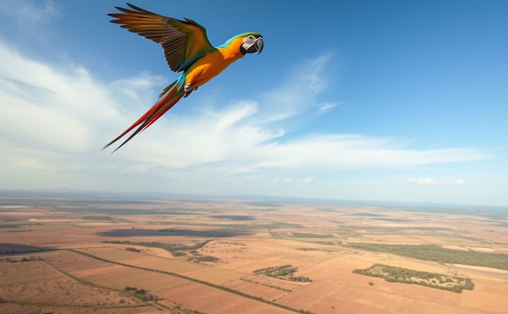 A colorful parrot soaring in the sky with an open landscape below.