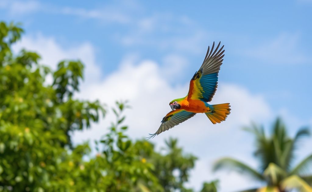 A colorful parrot soaring through the sky with a lush background.