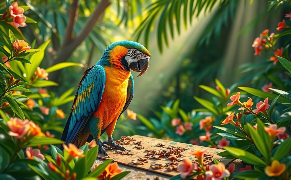 A colorful parrot solving a puzzle in a vibrant jungle setting.