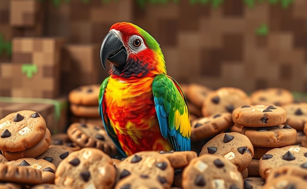 A colorful parrot surrounded by cookies in a Minecraft setting.