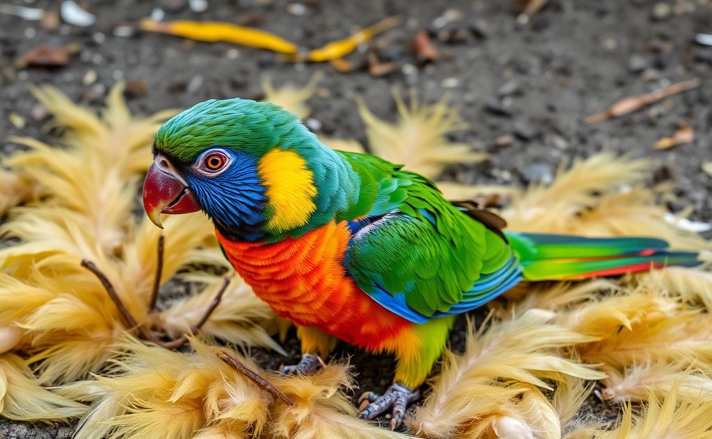 A colorful parrot surrounded by feathers on the ground.