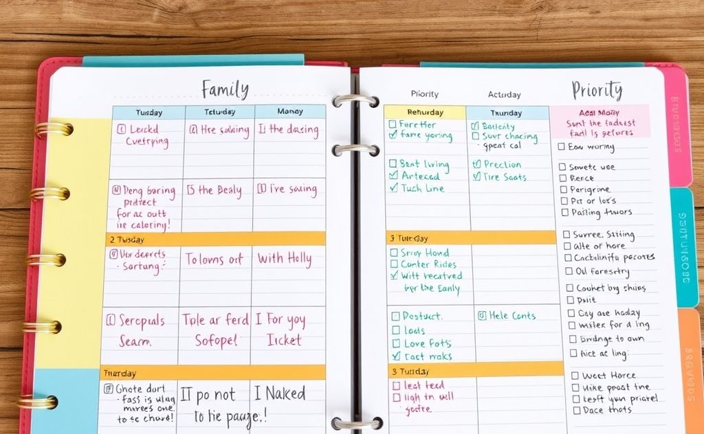 A colorful planner with family schedules and priority lists.