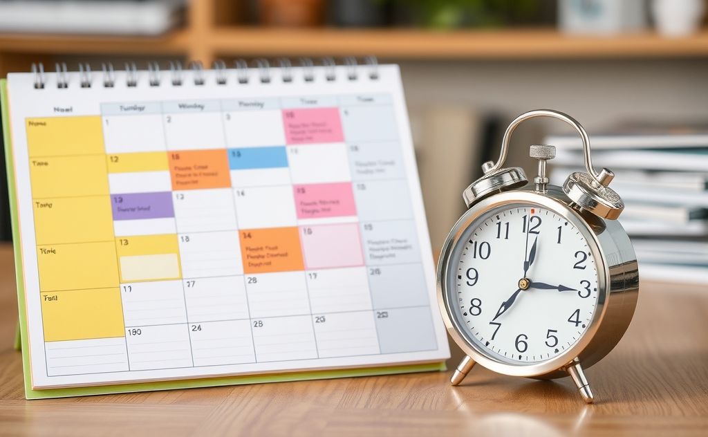 A colorful planner with time blocks and a clock on a table.