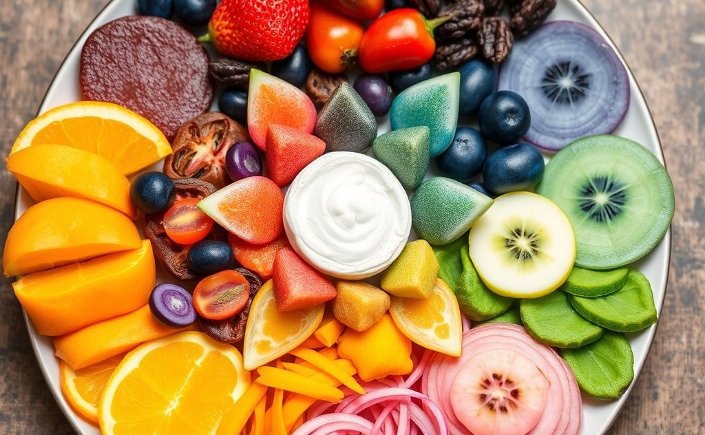 A colorful plate of balanced foods arranged in chakra colors.