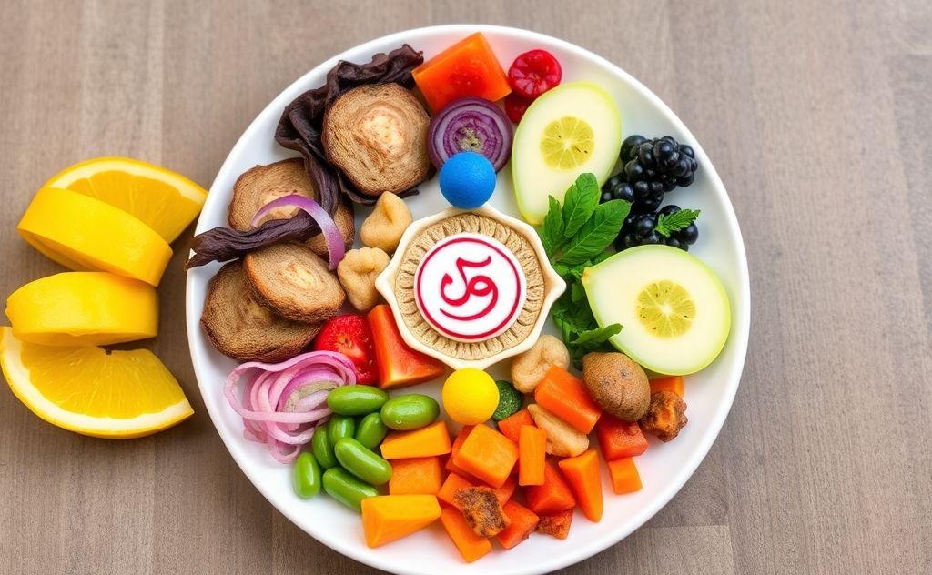 A colorful plate of balanced foods representing chakra alignment.