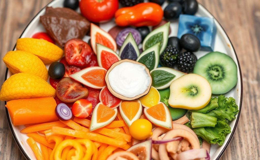 A colorful plate of balanced foods representing chakra colors.