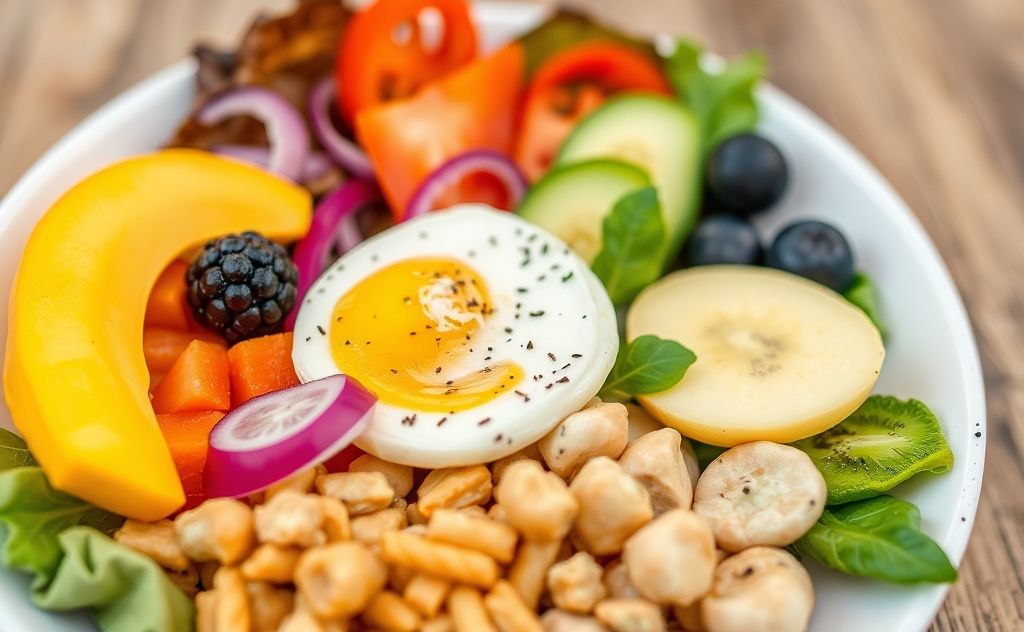 A colorful plate of balanced foods representing energy-boosting meals.