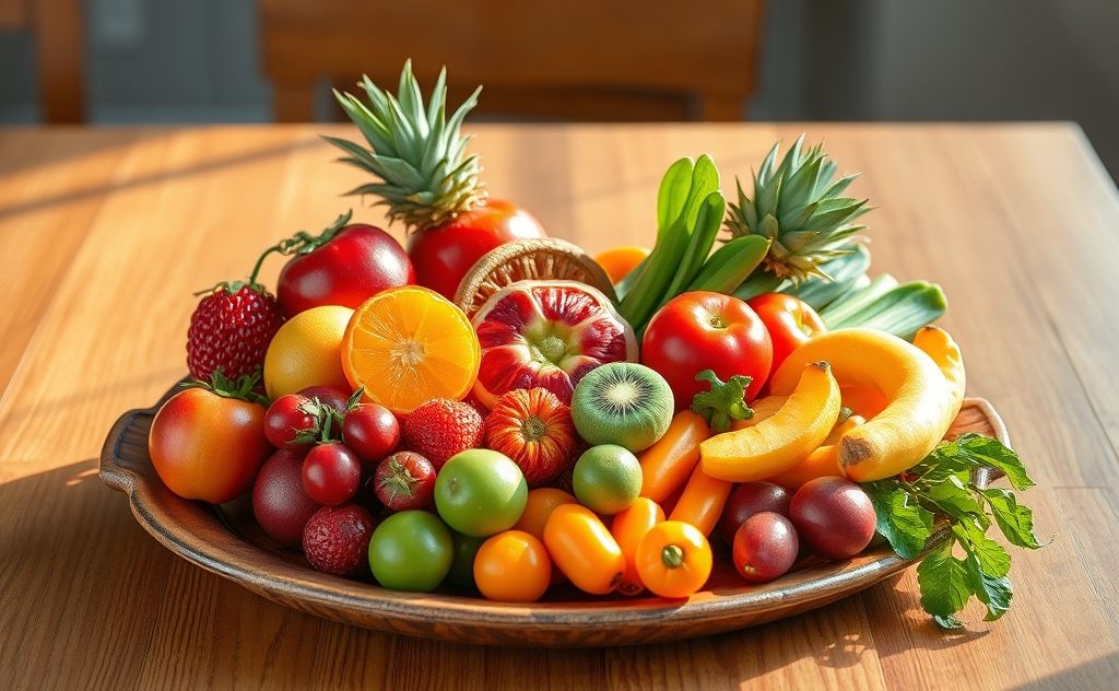 A colorful plate of fresh fruits and vegetables arranged for balance.