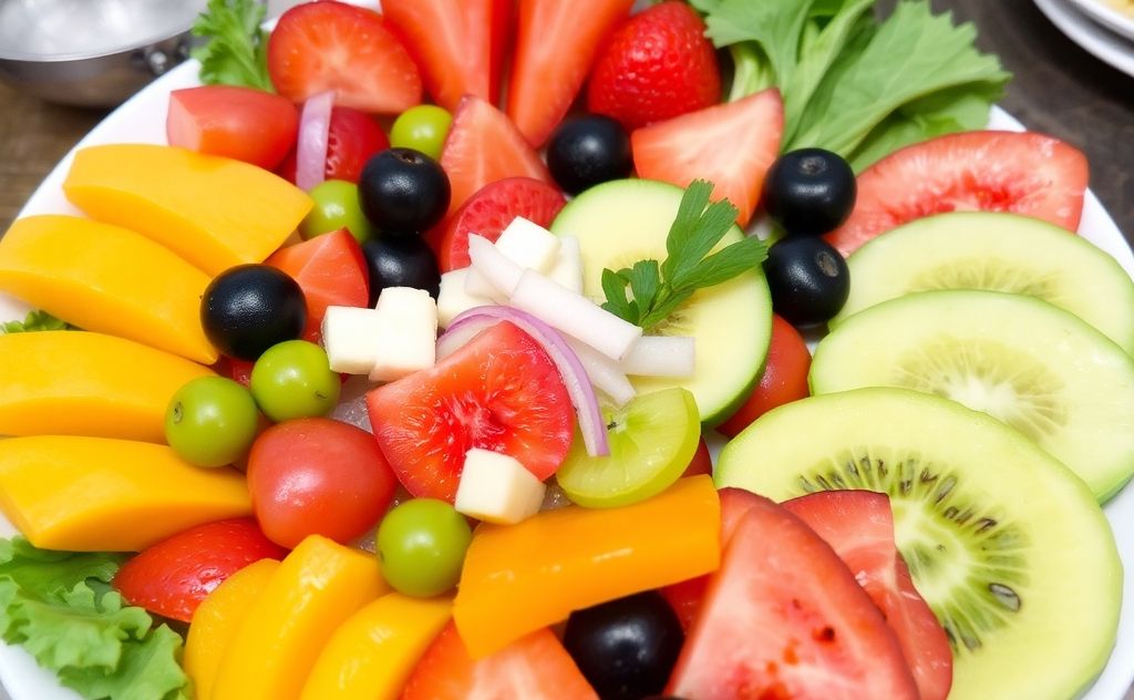 A colorful plate of fresh fruits and vegetables arranged harmoniously.