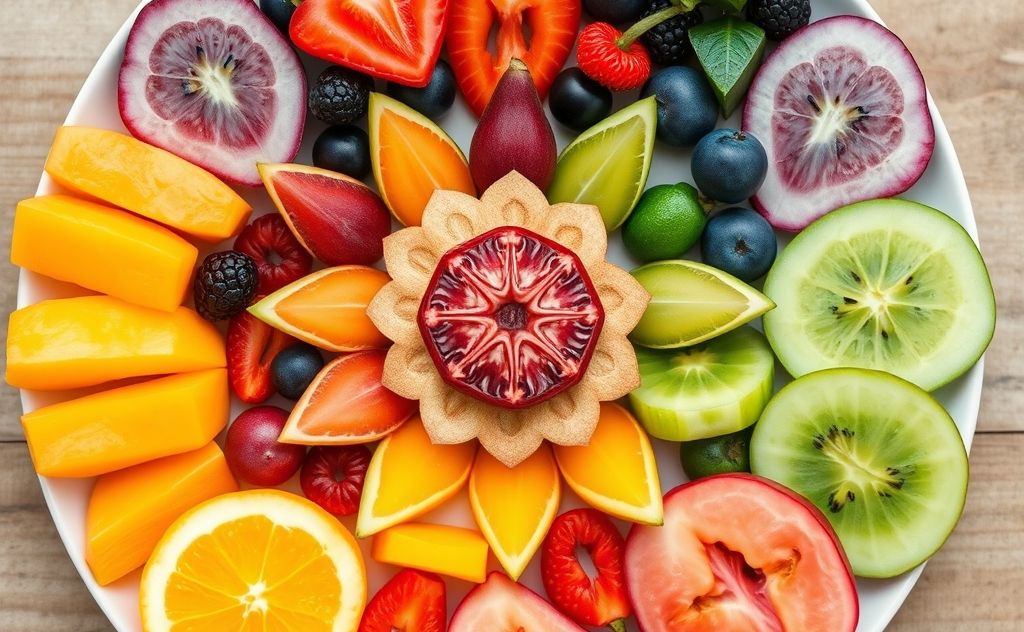 A colorful plate of fresh fruits and vegetables arranged in chakra colors.