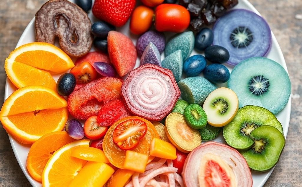 A colorful plate of healthy foods arranged by chakra colors.