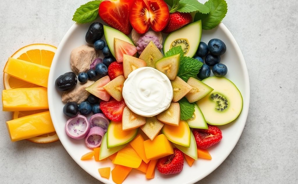 A colorful plate of healthy foods arranged in a chakra pattern.