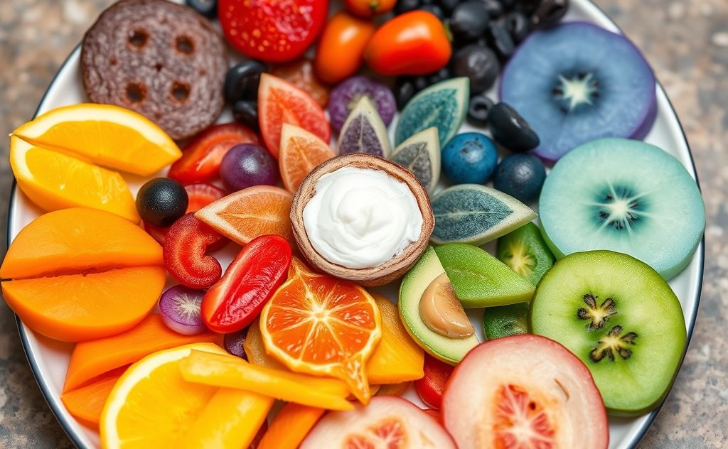 A colorful plate of healthy foods arranged in chakra colors.