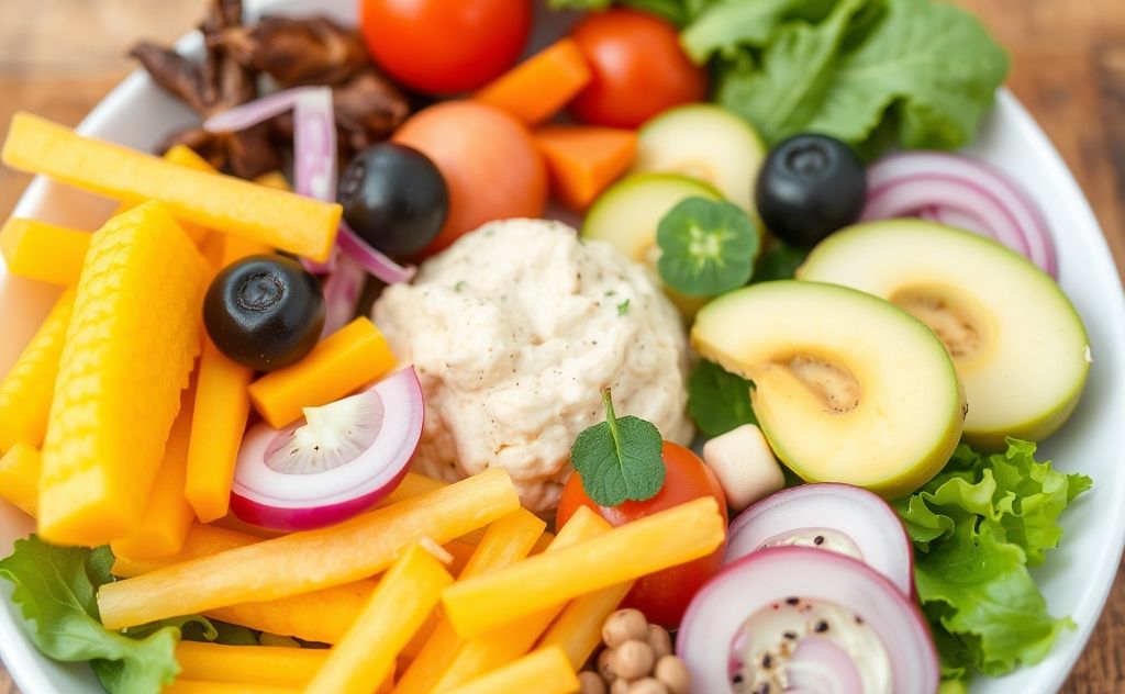 A colorful plate of healthy foods representing a balanced diet.