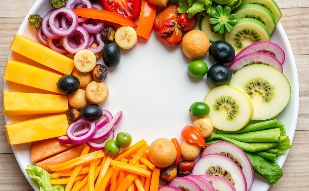 A colorful plate of nutritious foods arranged in a circular pattern.