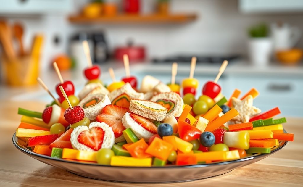 A colorful plate of small, appealing food portions for kids.