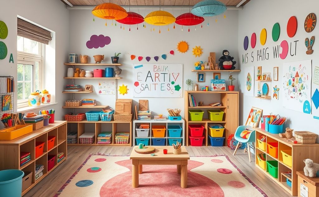 A colorful playroom filled with art supplies and creative projects.