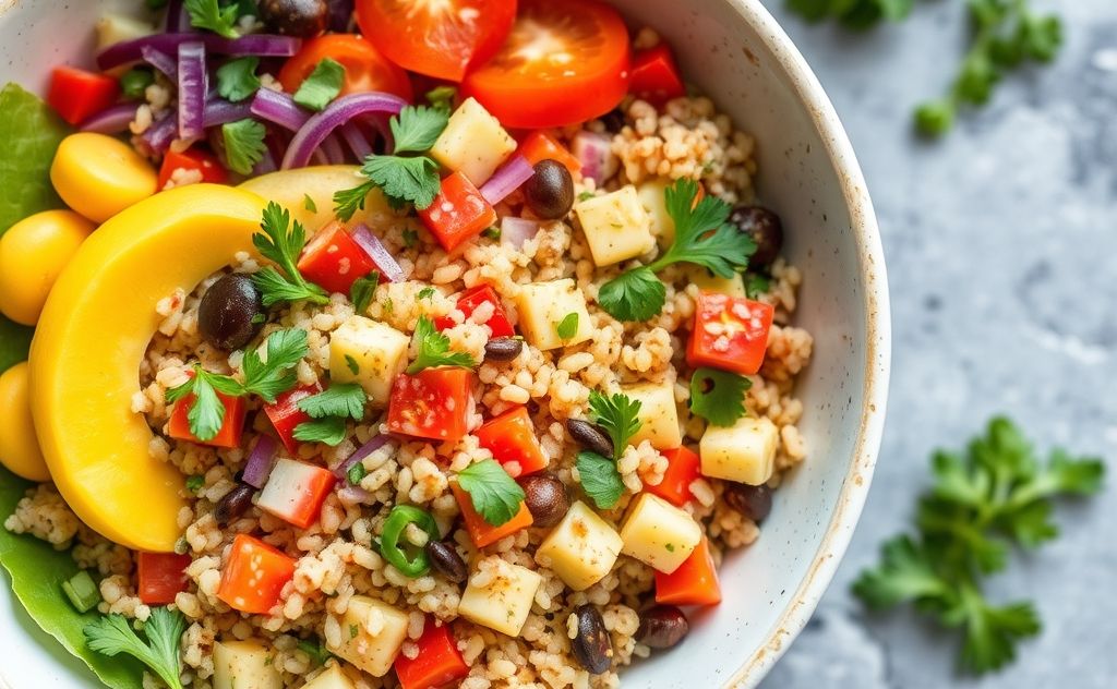 A colorful quinoa power bowl filled with fresh vegetables and herbs.