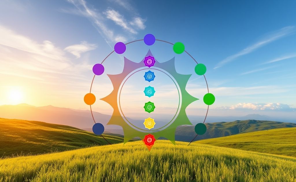 A colorful representation of chakra symbols in a serene setting.
