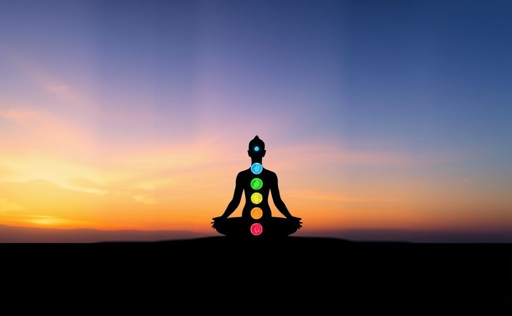 A colorful representation of chakras aligned along a serene silhouette.