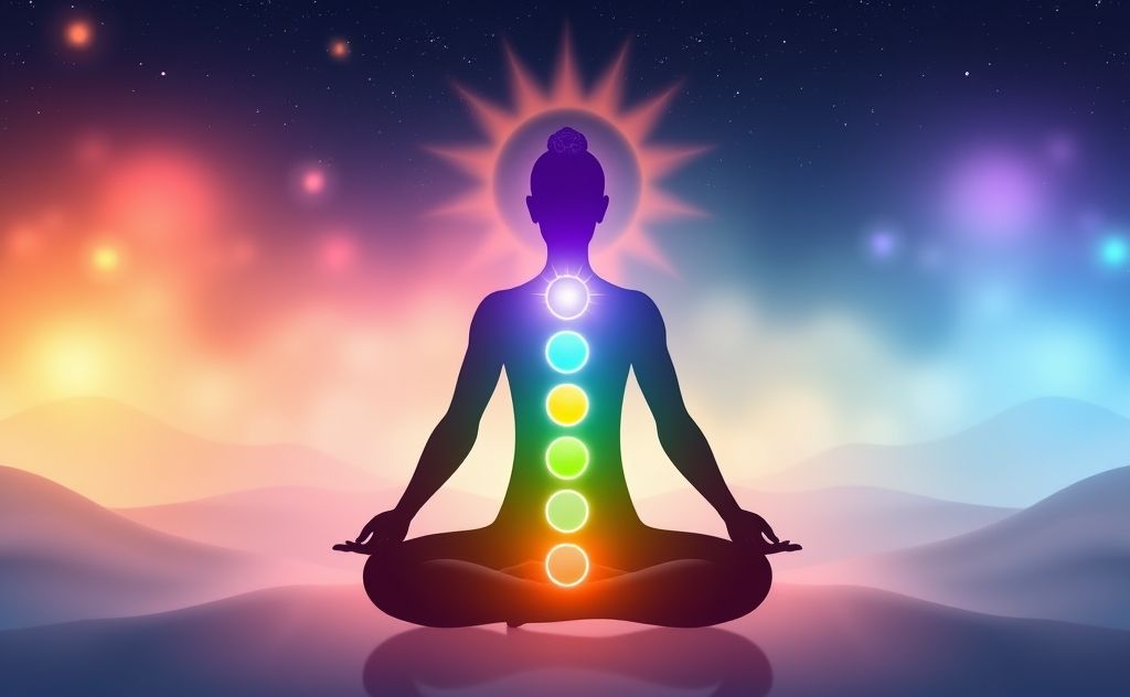 A colorful representation of chakras aligned and glowing harmoniously.