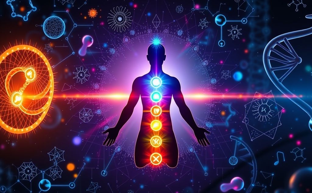A colorful representation of chakras with a scientific backdrop.