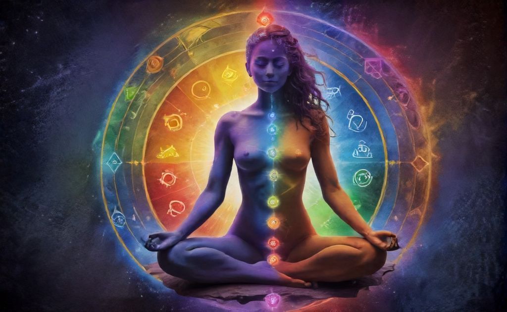 A colorful representation of chakras with symbols of emotional balance.