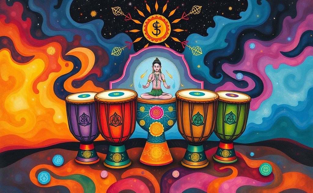 A colorful representation of drums and chakra symbols in harmony.