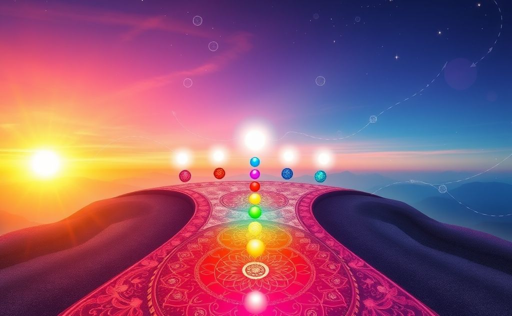 A colorful representation of the seven chakras aligned along a pathway.