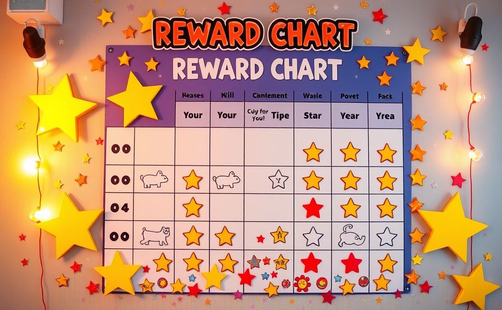 A colorful reward chart with stars and stickers for kids.