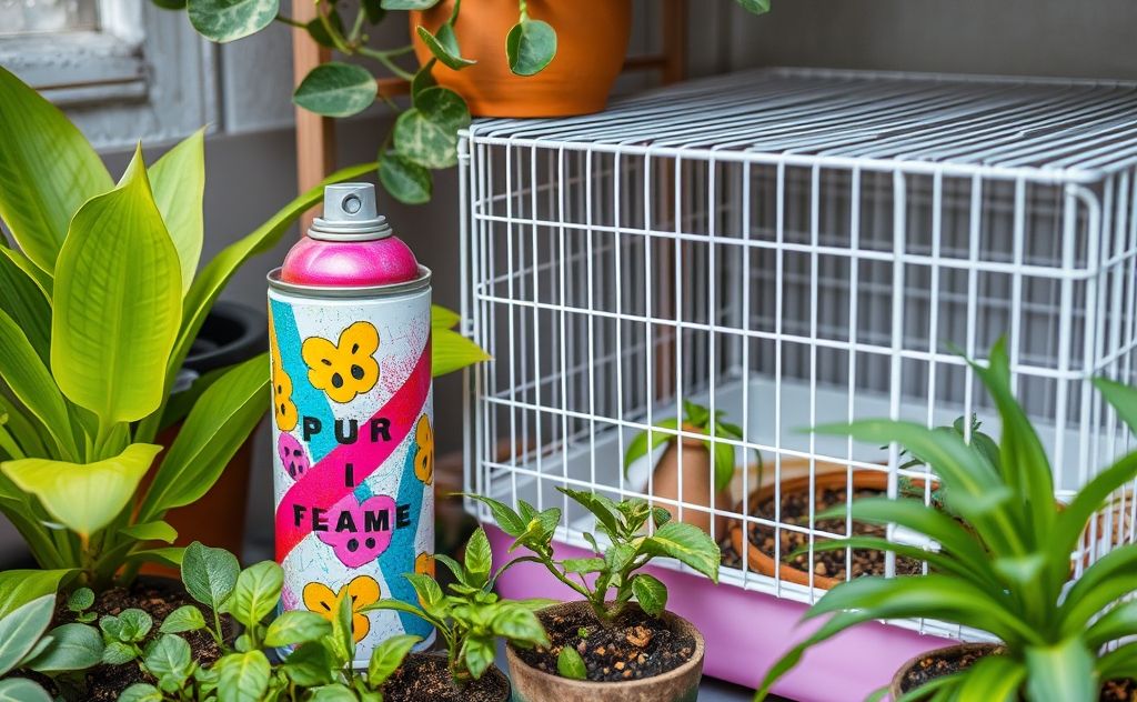 A colorful spray paint can next to a pet cage surrounded by plants.