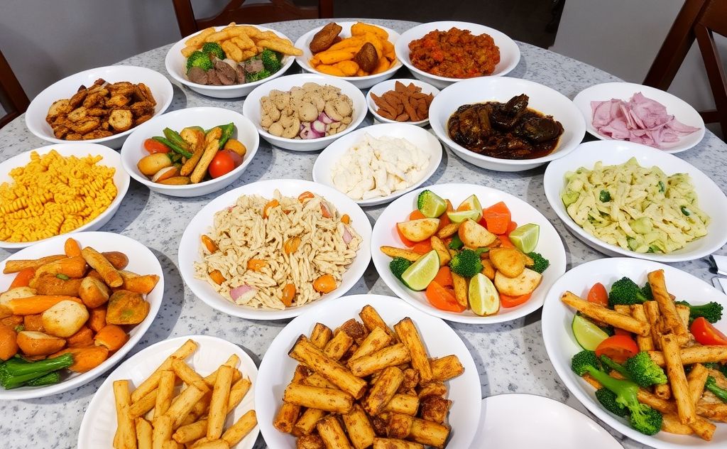 A colorful spread of delicious leftovers arranged on a dining table.