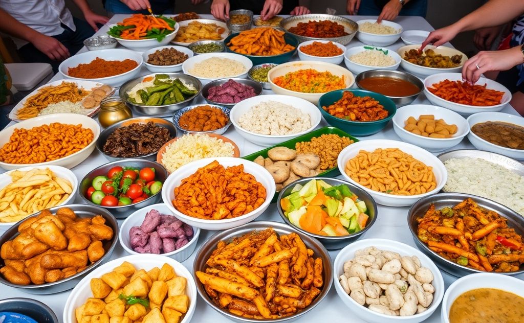 A colorful spread of diverse potluck dishes on a large table.