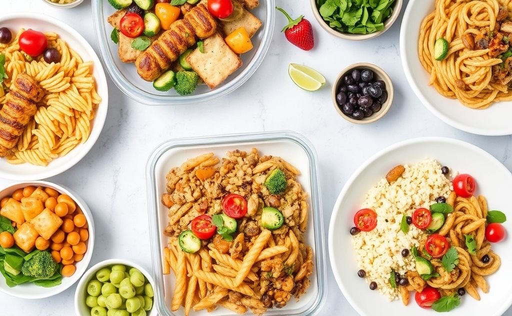 A colorful spread of easy meal prep dishes for families.