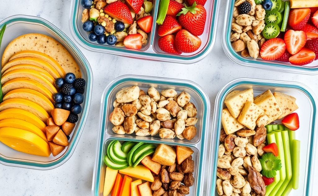 A colorful spread of healthy breakfast meal prep containers.