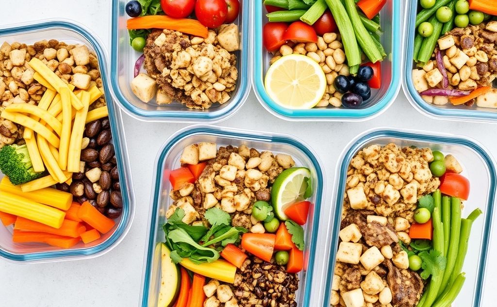 A colorful spread of healthy meal prep containers filled with fresh ingredients.