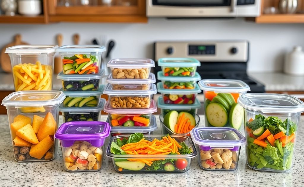 A colorful spread of healthy meal prep containers on a kitchen counter.