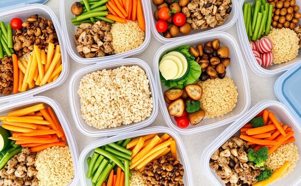 A colorful spread of pre-prepared meals in reusable containers.