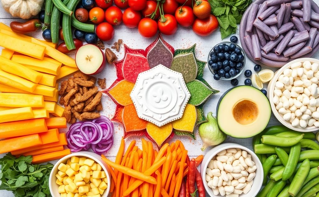A colorful spread of wholesome foods arranged by chakra colors.