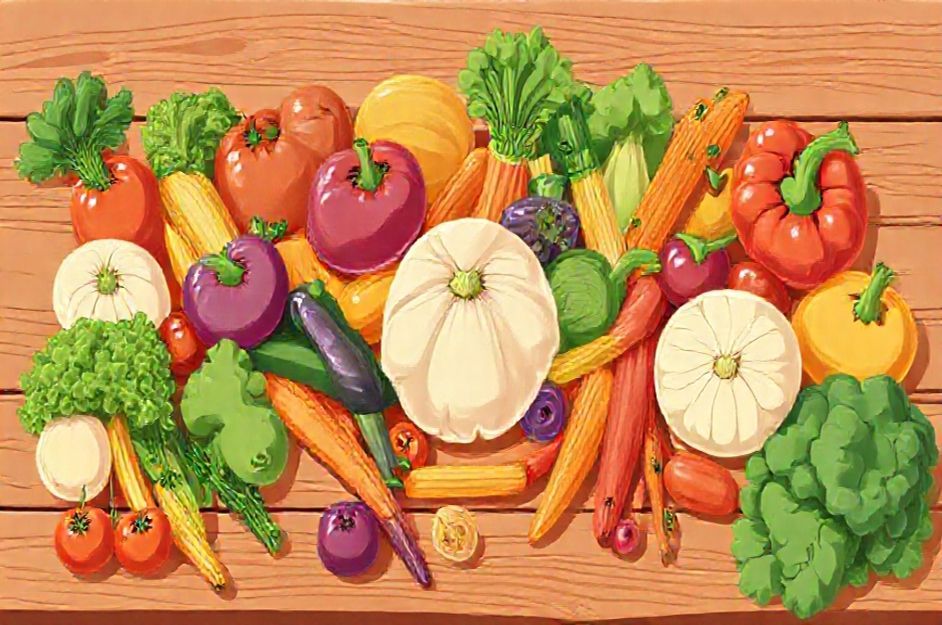 A colorful variety of vegetables and fruits on a wooden table